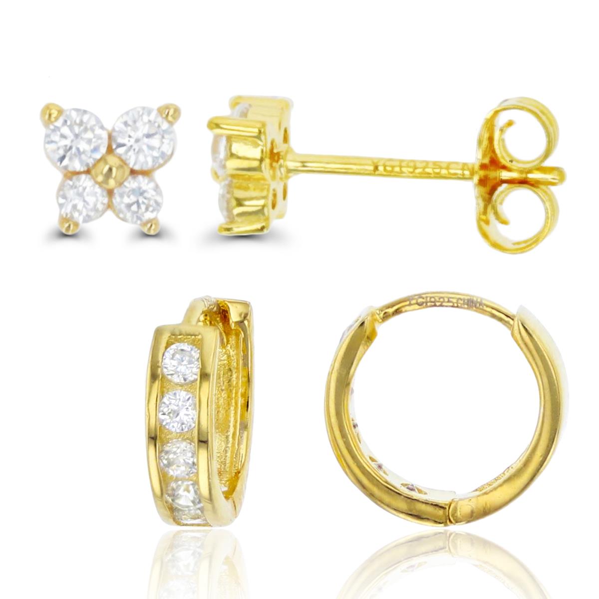 Sterling Silver Yellow 5X4.5MM White CZ Butterfly Studs & 9.5X2.8MM Channel Huggies Earring Set