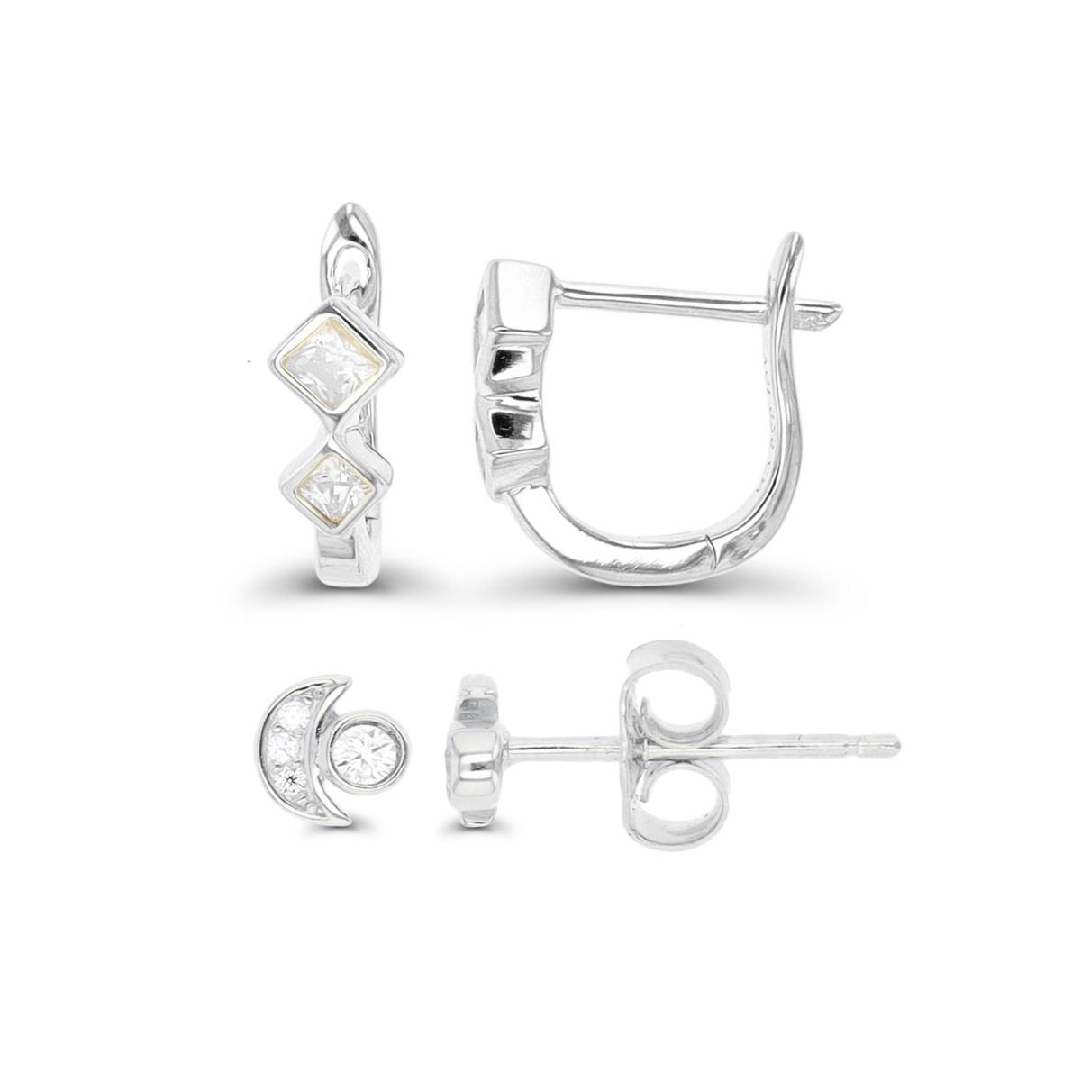 Sterling Silver Rhodium 11X4.2MM Polished White CZ Pirncess Cut & 5X5MM Moon Stud Earring Set