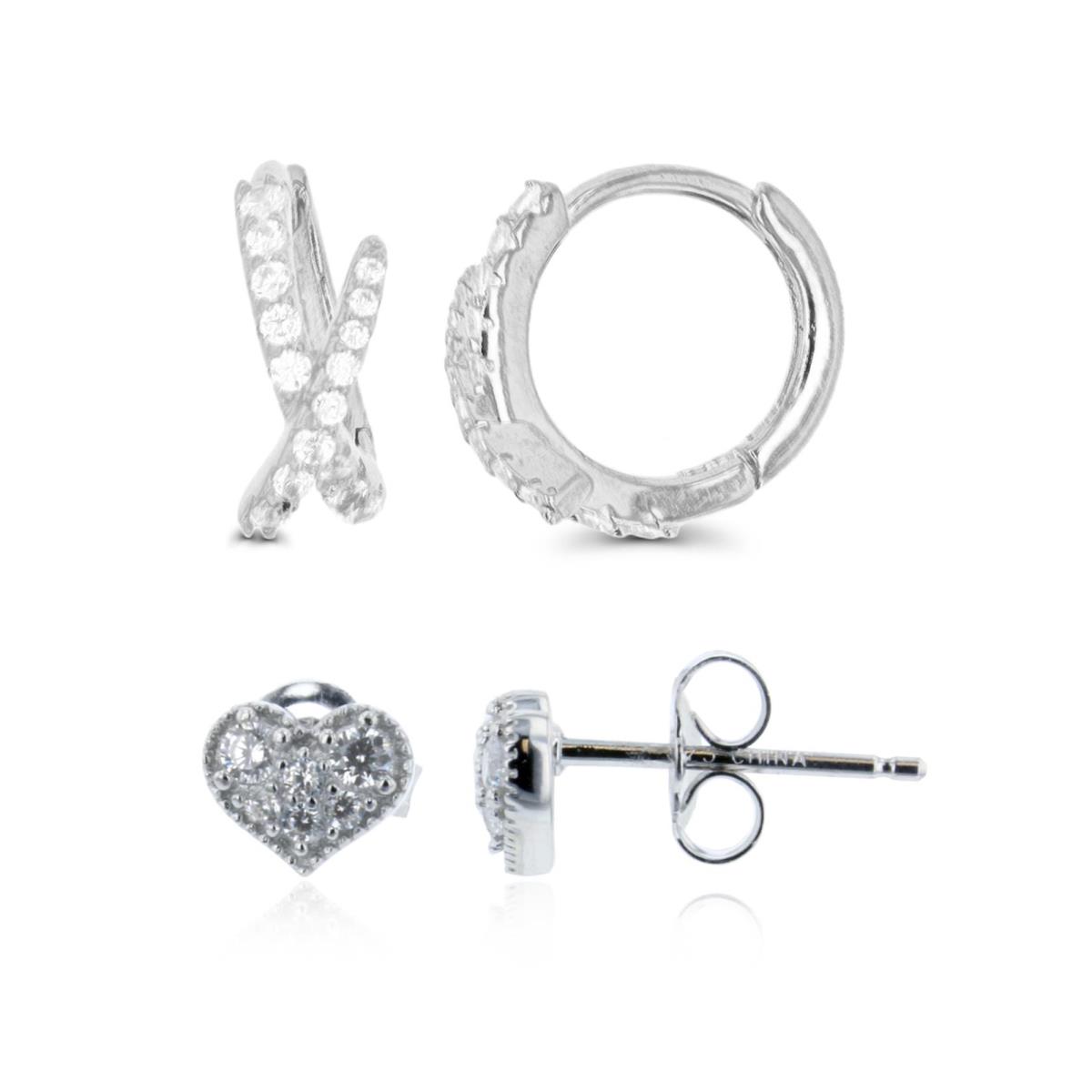 Sterling Silver Rhodium 12X6.5MM White CZ Criss Cross Huggie & 5.75X7MM Heart Stud Earring Set