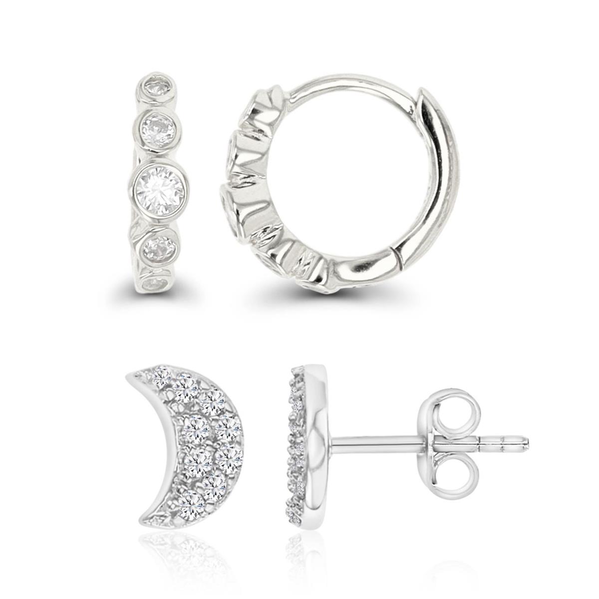 Sterling Silver Rhodium 11X3MM White CZ Huggie & 6X4MM Micropave Moon Stud Earring Set