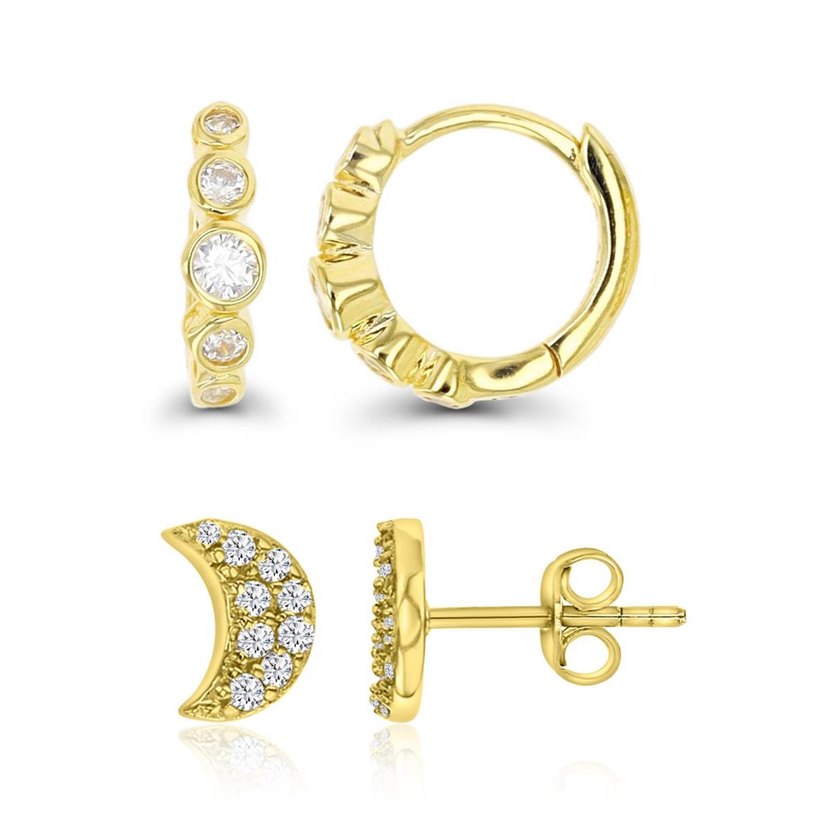 Sterling Silver Yellow 11X3MM White CZ Huggie & 6X4MM Micropave Moon Stud Earring Set