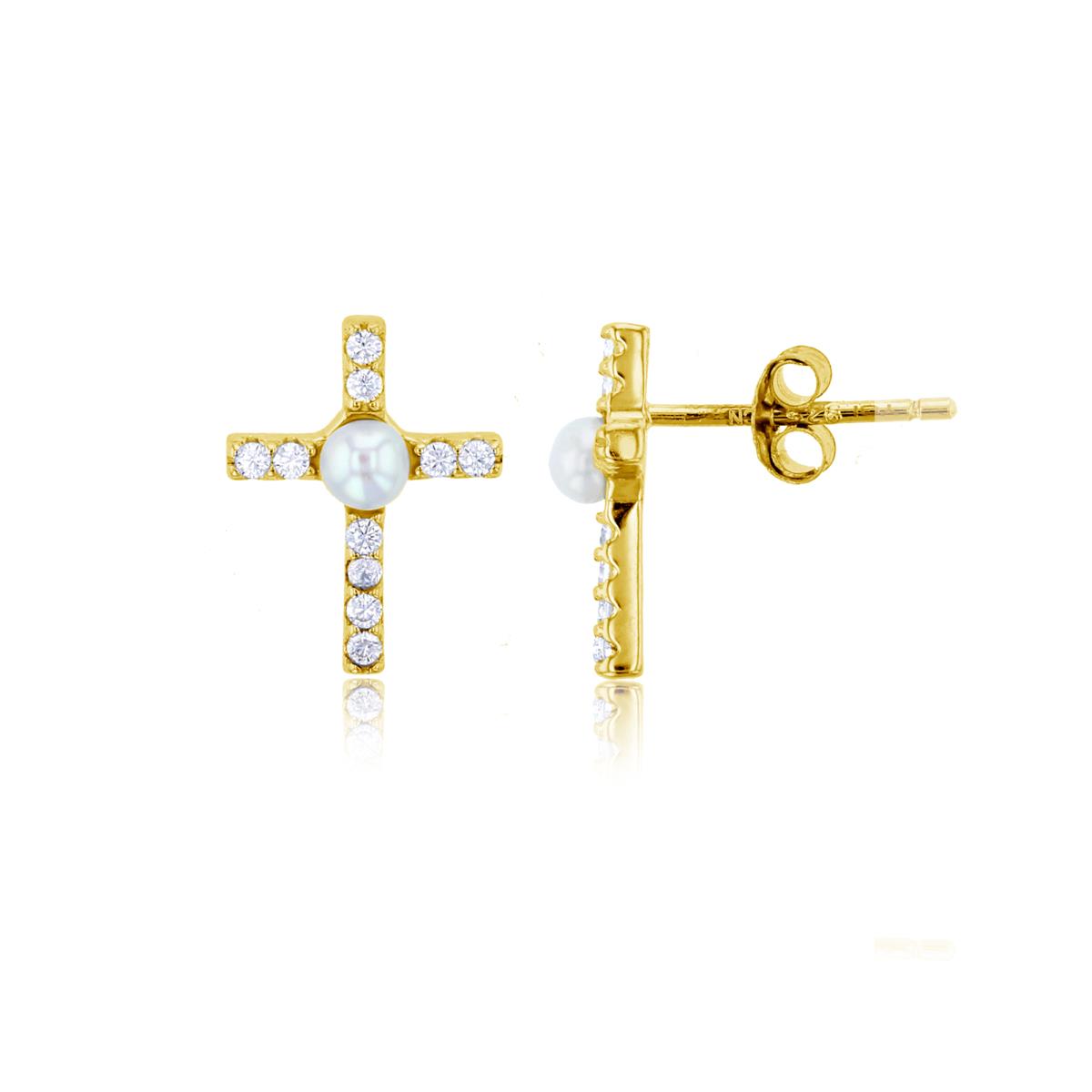 Sterling Silver Yellow 3mm Fresh Water Pearl and CZ Cross Stud Earring