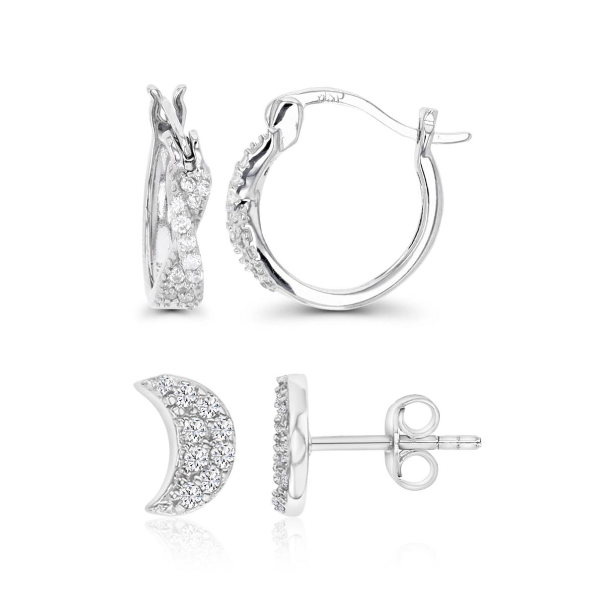 Sterling Silver Rhodium 14MM Polished White CZ Wave Huggie & 6X4MM Micropave Moon Stud Earring Set