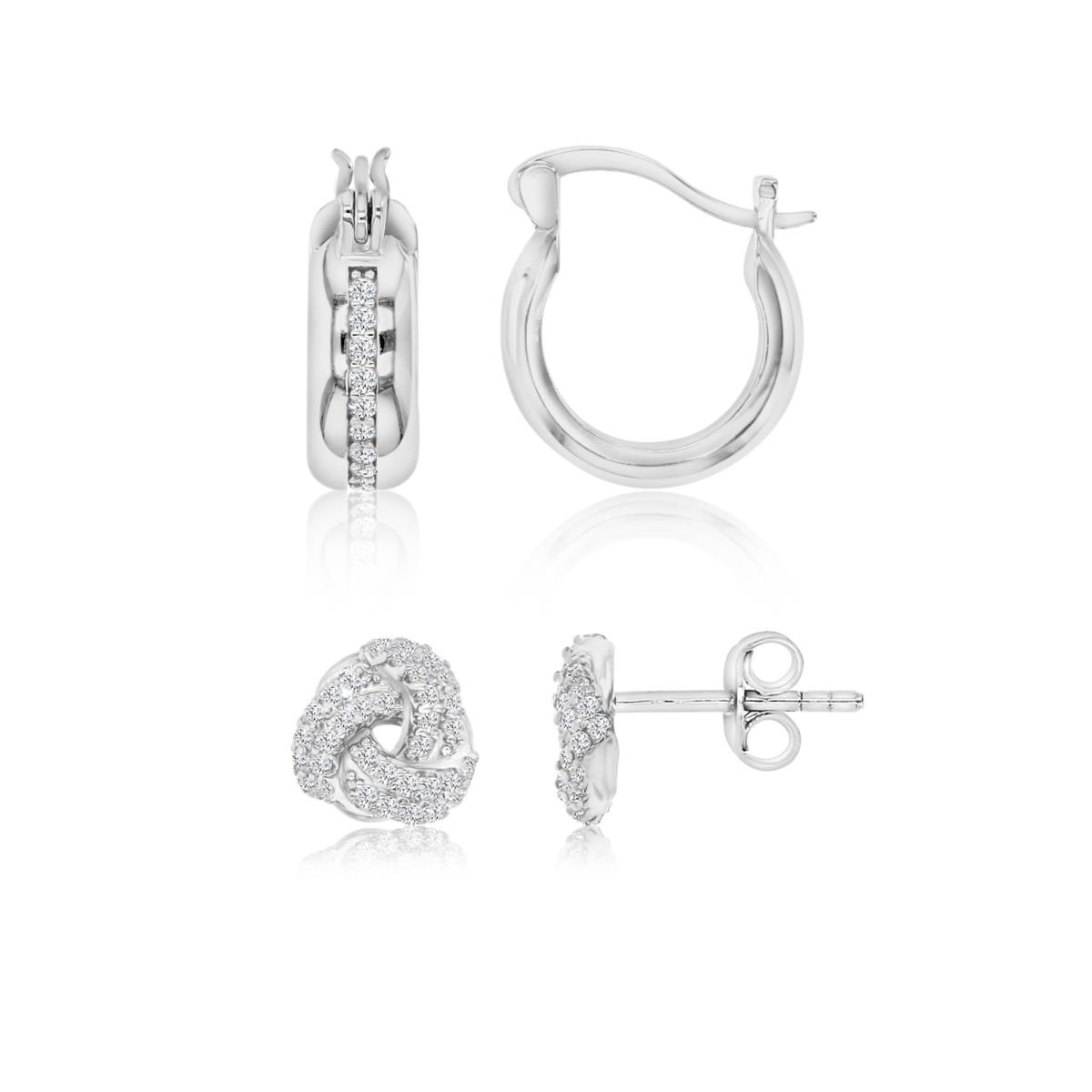 Sterling Silver Rhodium 14X4.6MM White CZ Huggies & 8.5MM Pave Knot Stud Earring Set