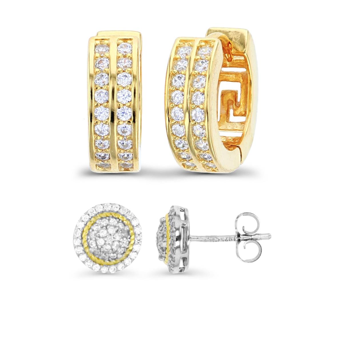 Sterling Silver Yellow & White 9MM White CZ Studs & 12.2X4.3MM Huggie Earring Set