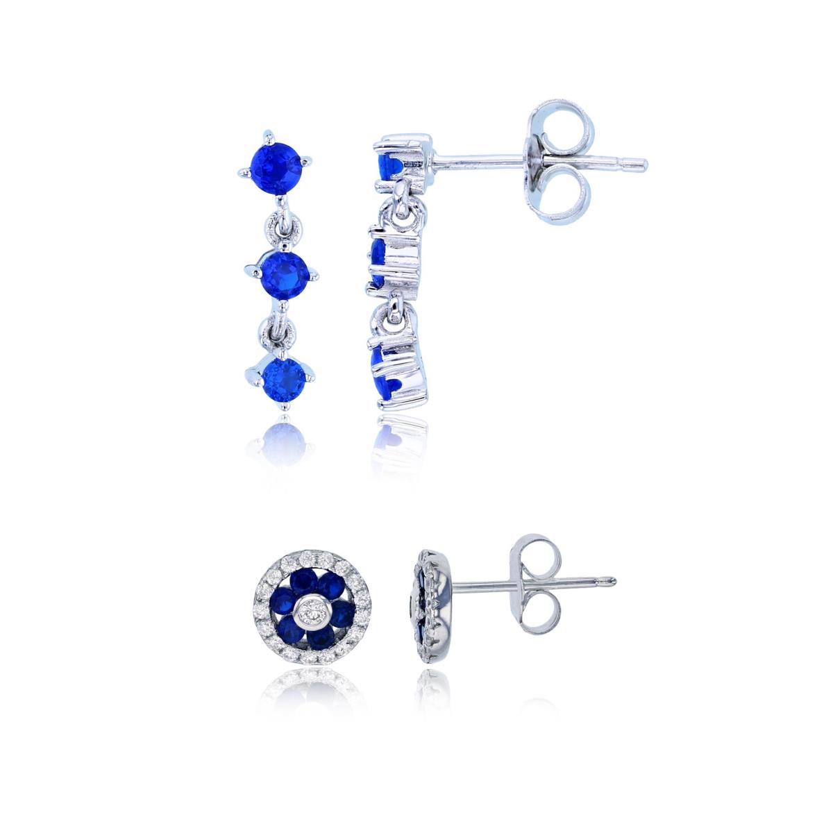 Sterling Silver Rhodium 16X4MM Cr Blue Spinel Dangling & 8MM White Sapphire Stud Earring Set