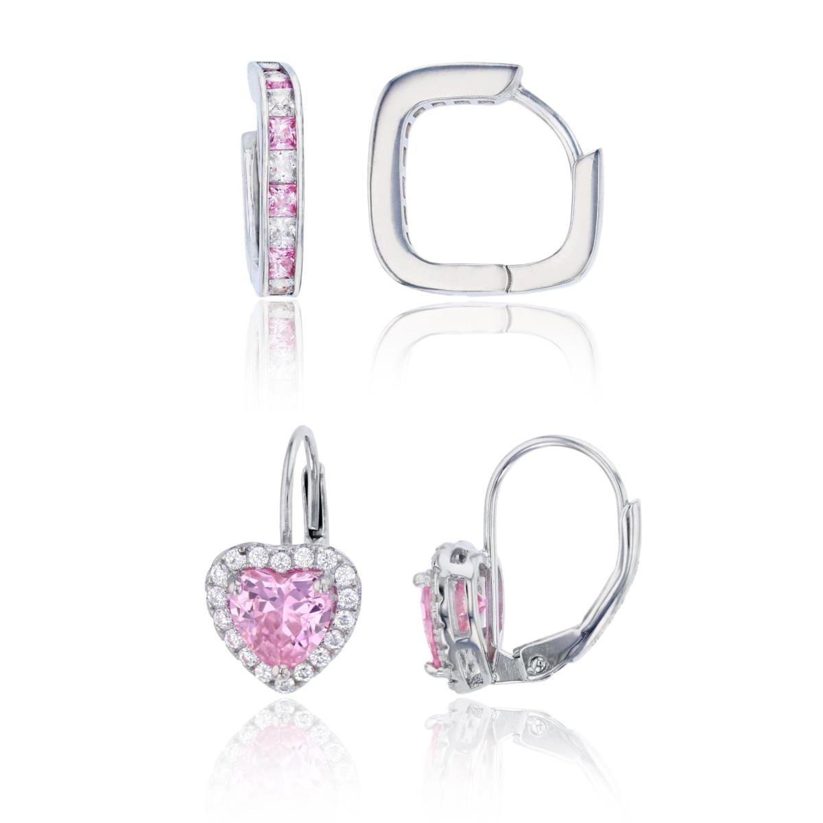 Sterling Silver Rhodium 15X3MM Pink & White CZ Princess Cut 15X9MM Heart Halo Earring Set