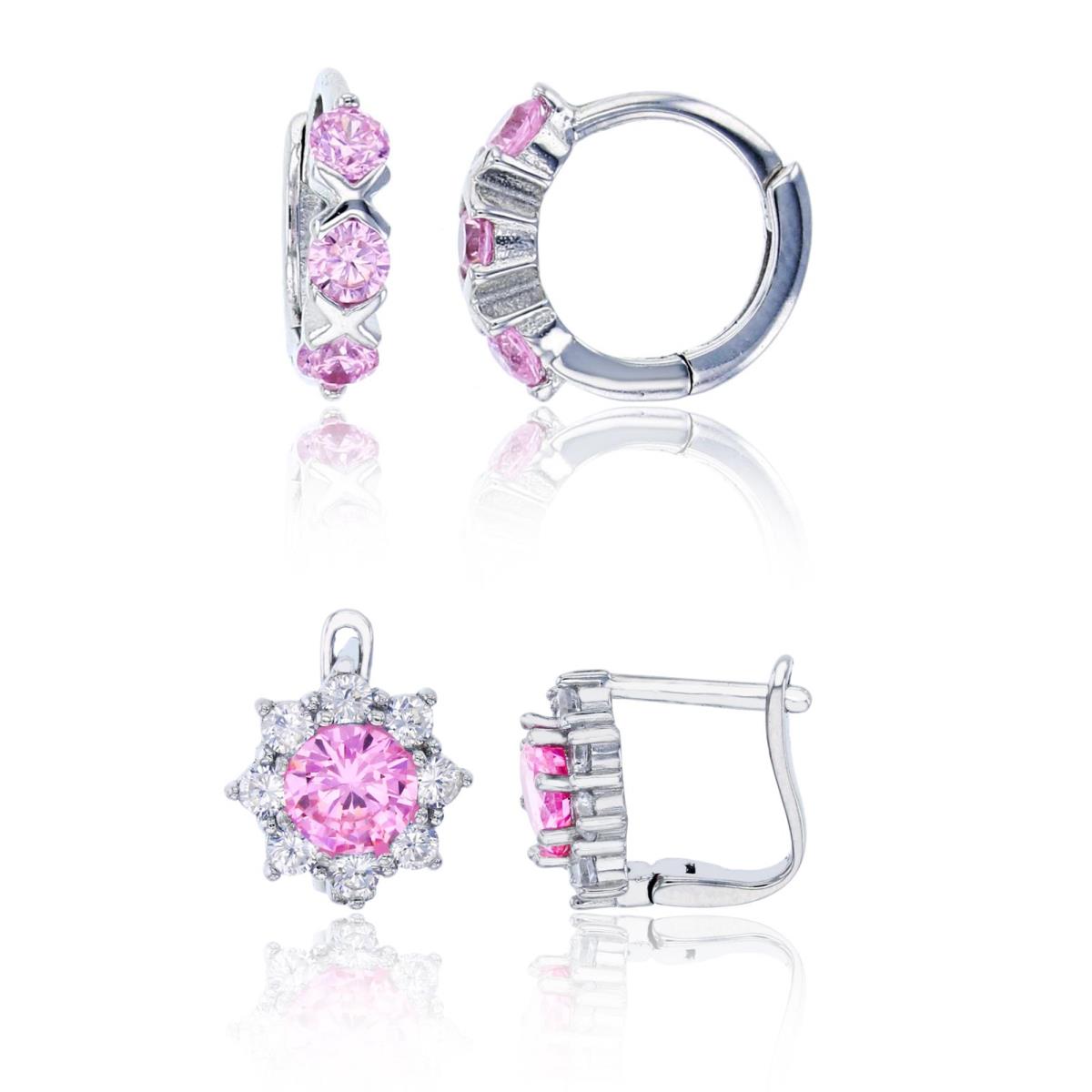 Sterling Silver Rhodium 10X3MM Pink & White CZ Huggie & 11MM Flower Latchback Earring Set