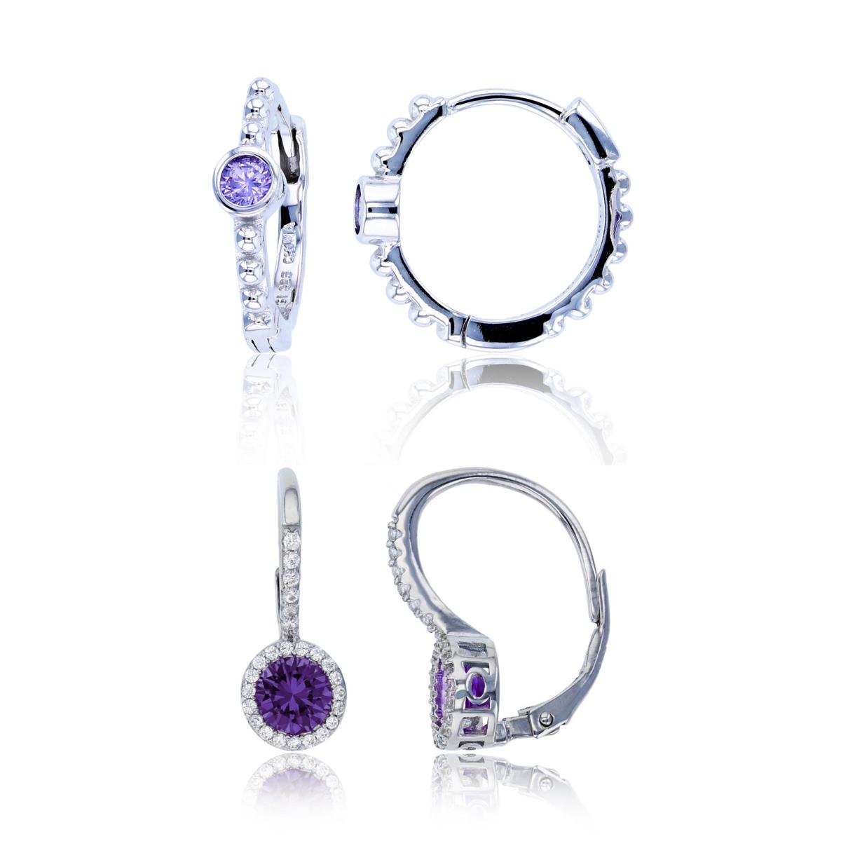 Sterling Silver Rhodium 15X3.7MM Amethyst & White CZ Huggie & 19X8MM Halo Lever Back Earring Sets Set