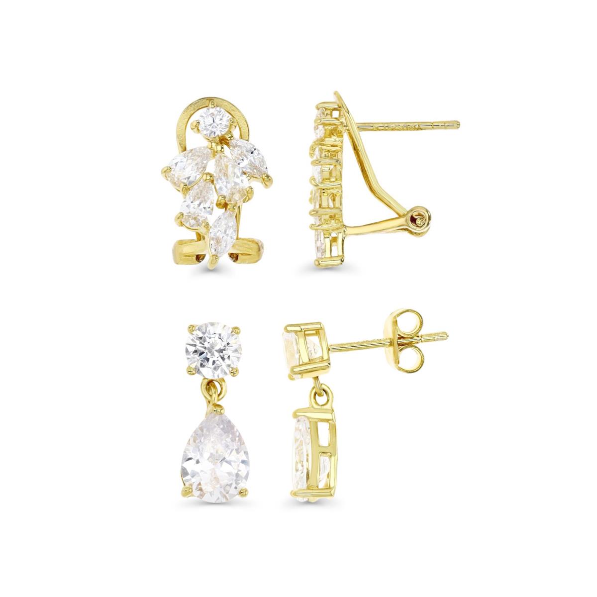 Sterling Silver Yellow 16X10MM White CZ Marquise Omega Back & 15MM Teardrop Dangling Earring Set