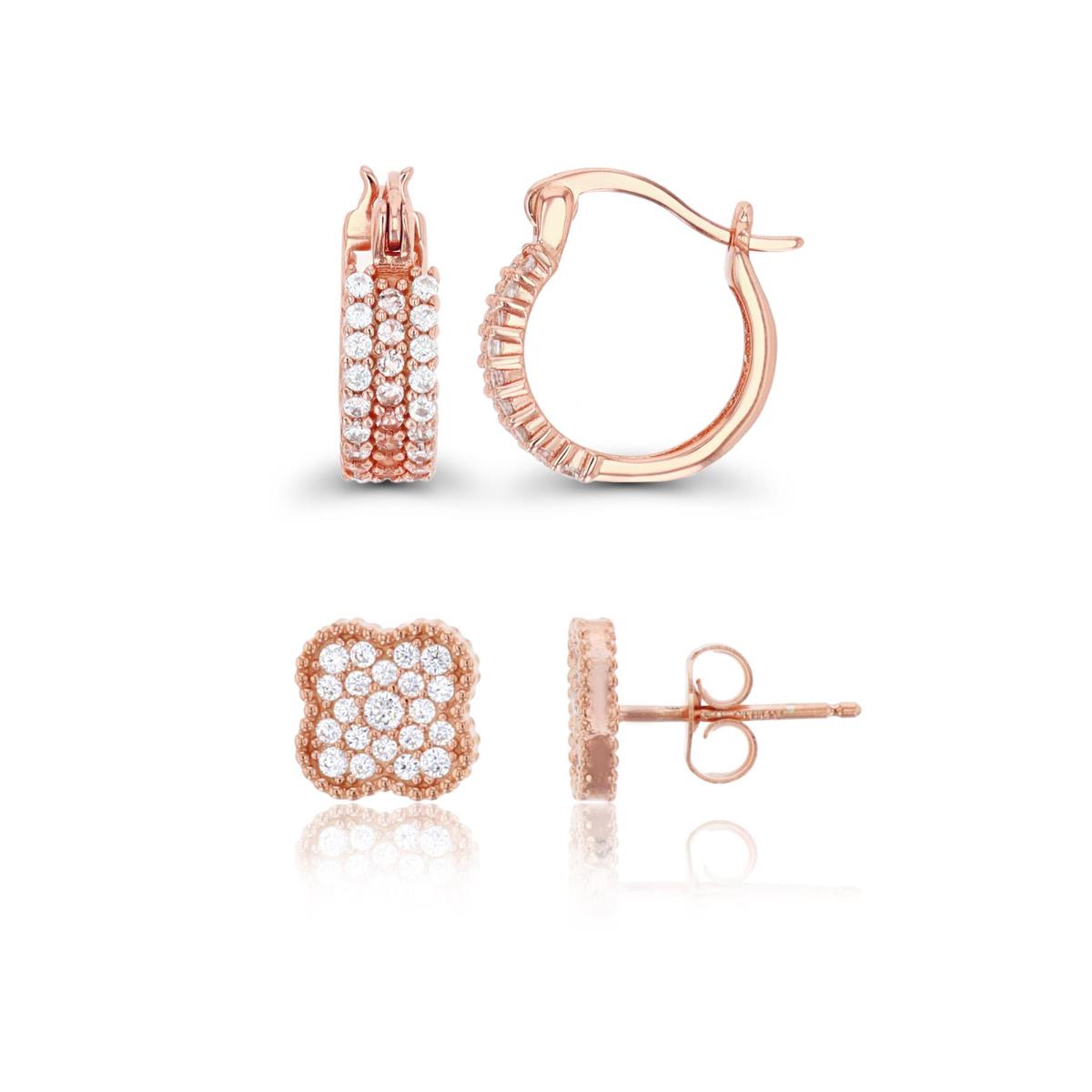 Sterling Silver Rose 10MM Morganite & White CZ Clover Stud & 13X5MM Micropave Huggie Earring Set