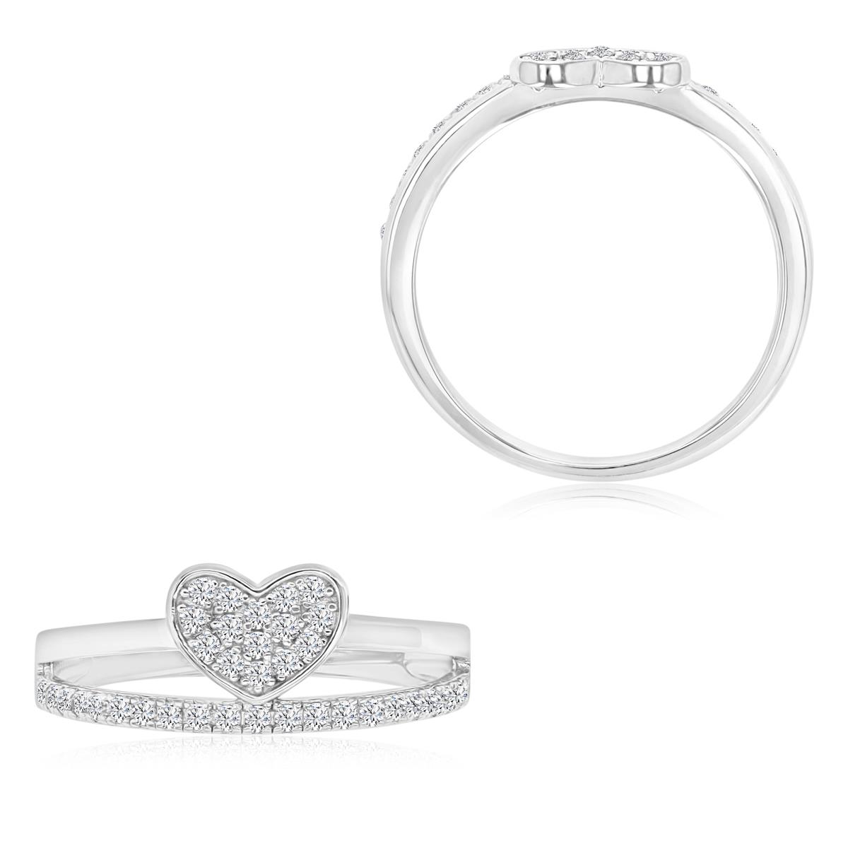 Sterling Silver Rhodium 8MM Polished White CZ Double Raw Pave Heart Ring