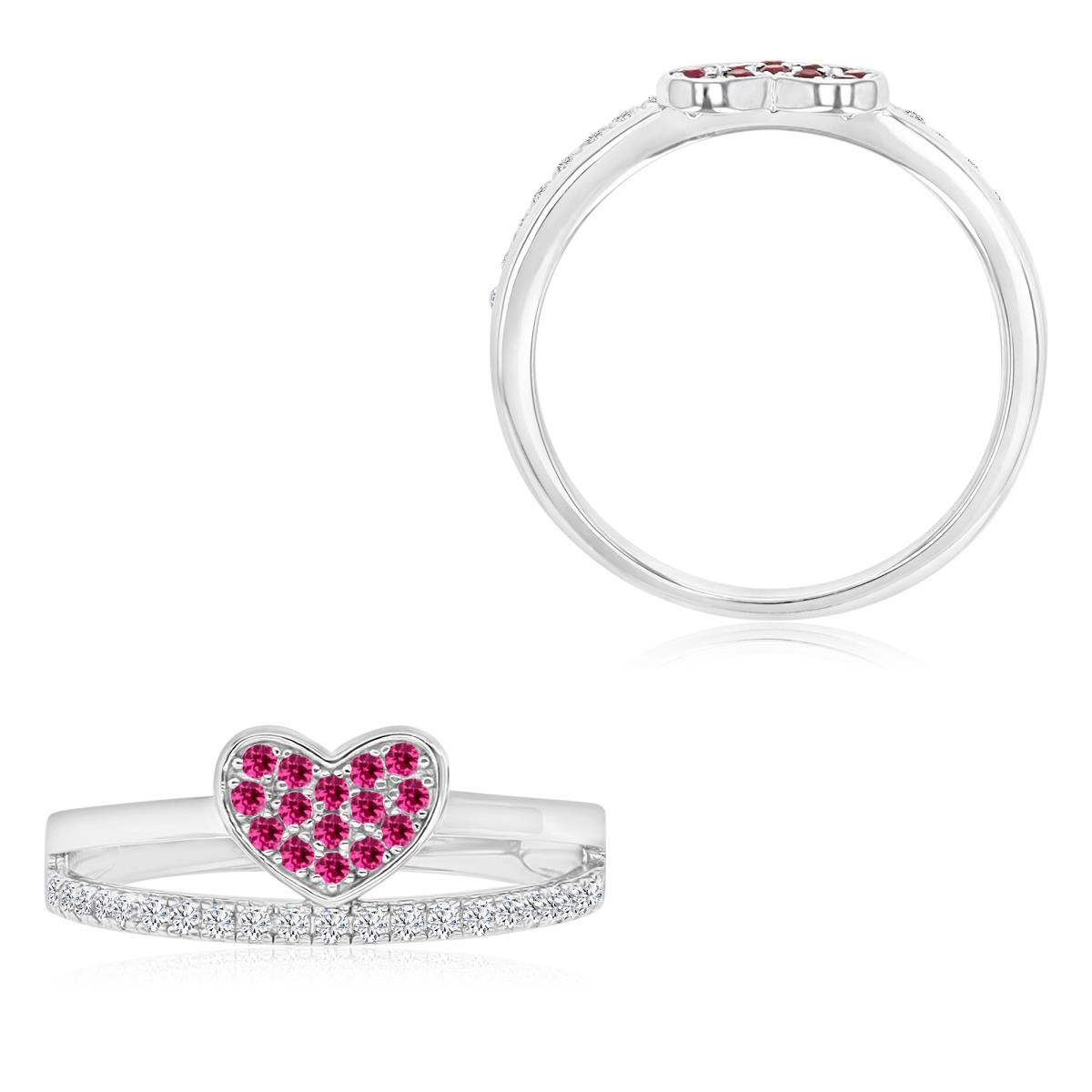 Sterling Silver Rhodium 8MM Polished Cr Ruby & Cr White Sapphire Double Raw Pave Heart Ring