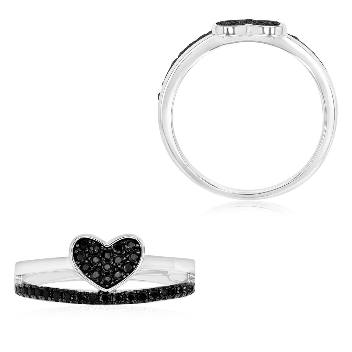 Sterling Silver Black & White 8MM Polished Black Spinel Double Raw Pave Heart Ring