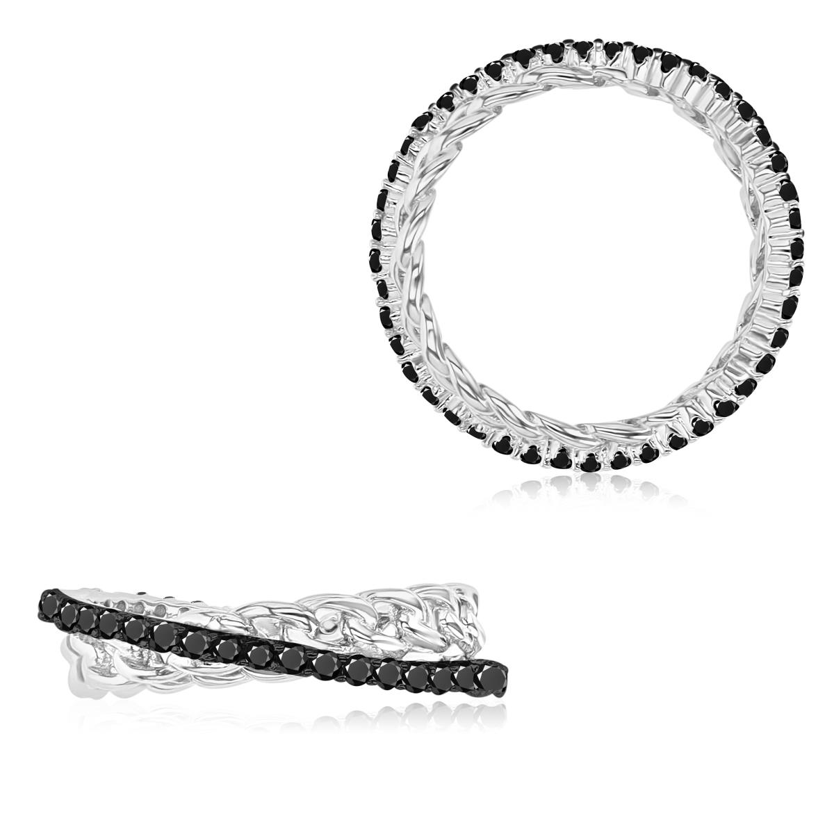 Sterling Silver Black & White 5MM Polished Black Spinel Criss Cross Eternity Ring