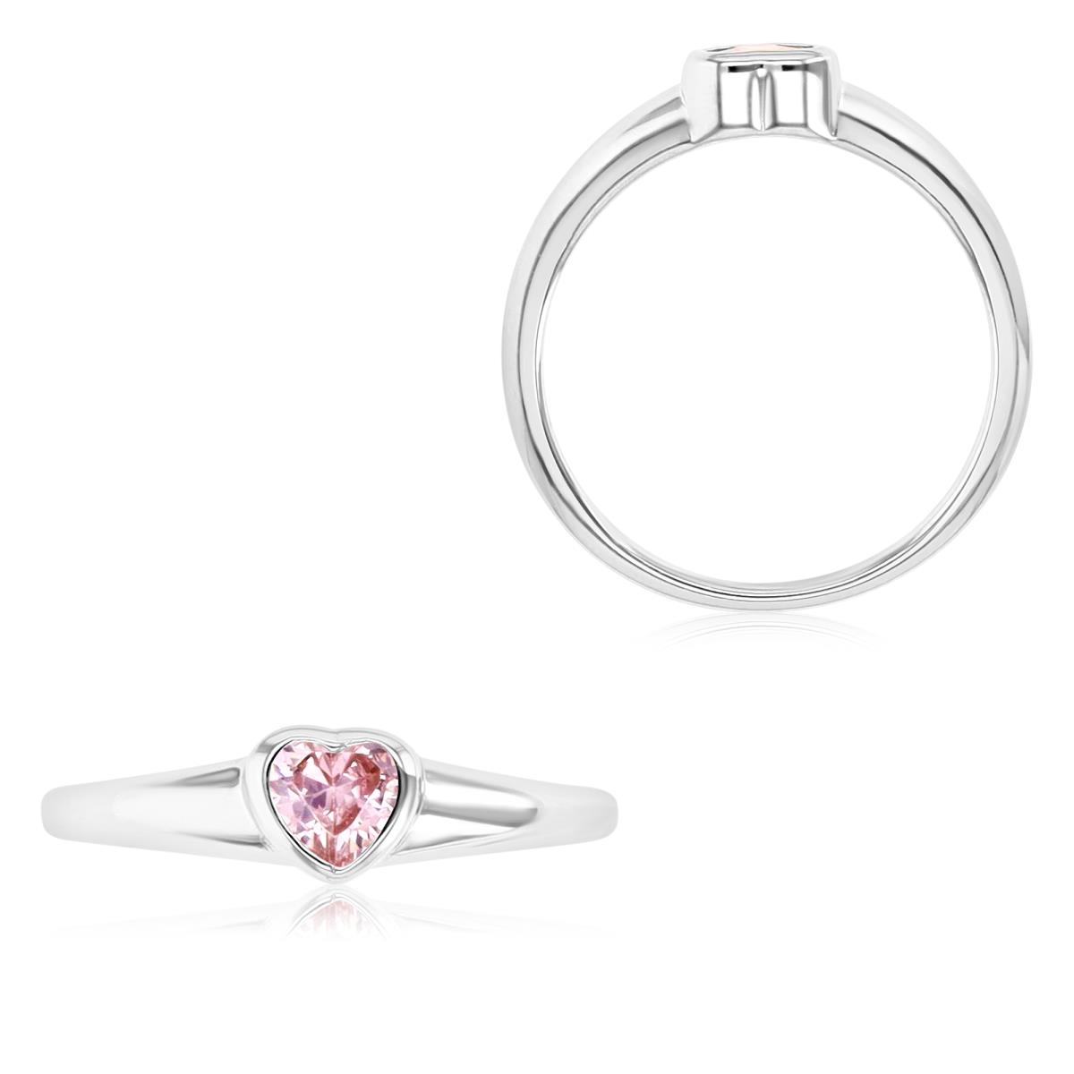 Sterling Silver Rhodium 4MM Polished Pink CZ Heart Anniversary Band Ring