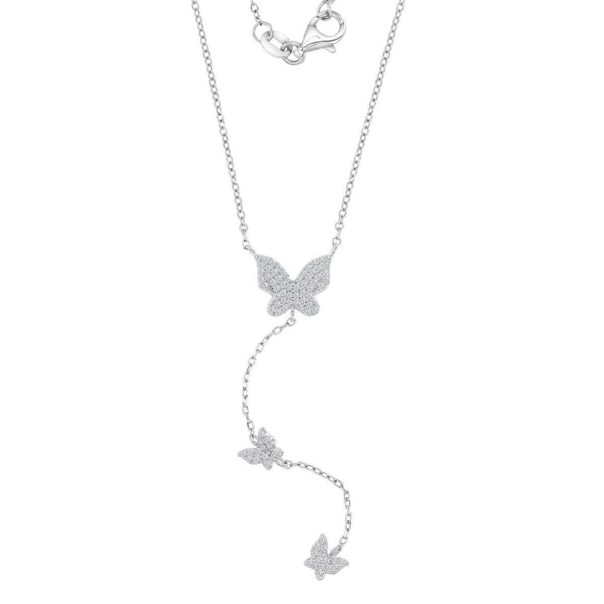 Sterling Silver Rhodium 47MM Polished White CZ Dangling Pave Butterfly 16+2" Necklace