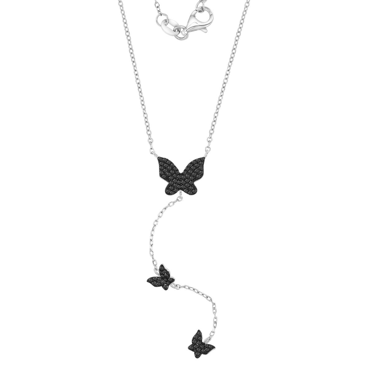 Sterling Silver Black & White 47MM Polished Black Spinel Dangling Pave Butterfly 16+2" Necklace