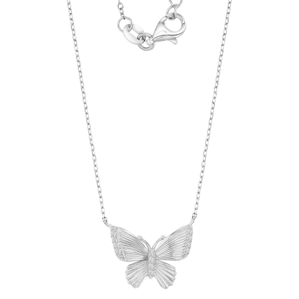 Sterling Silver Rhodium 13MM Polished White CZ Butterfly Rolo 16+2" Necklace
