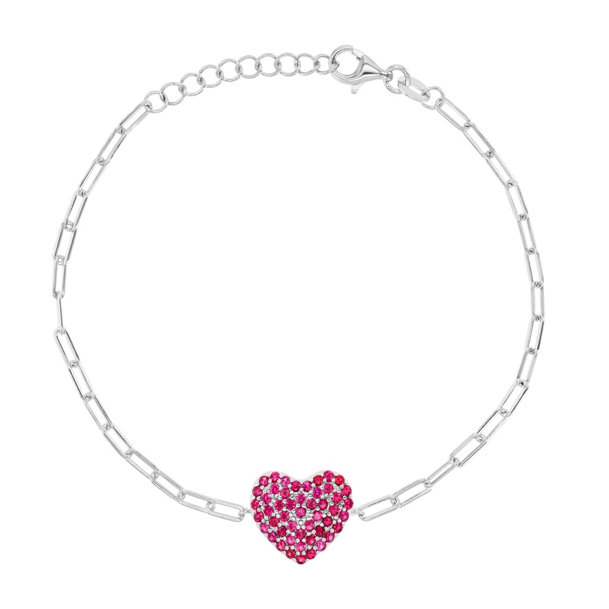Sterling Silver Rhodium 12MM Polished Cr Ruby Paper Clip Pave Heart Link 7+1" Bracelet