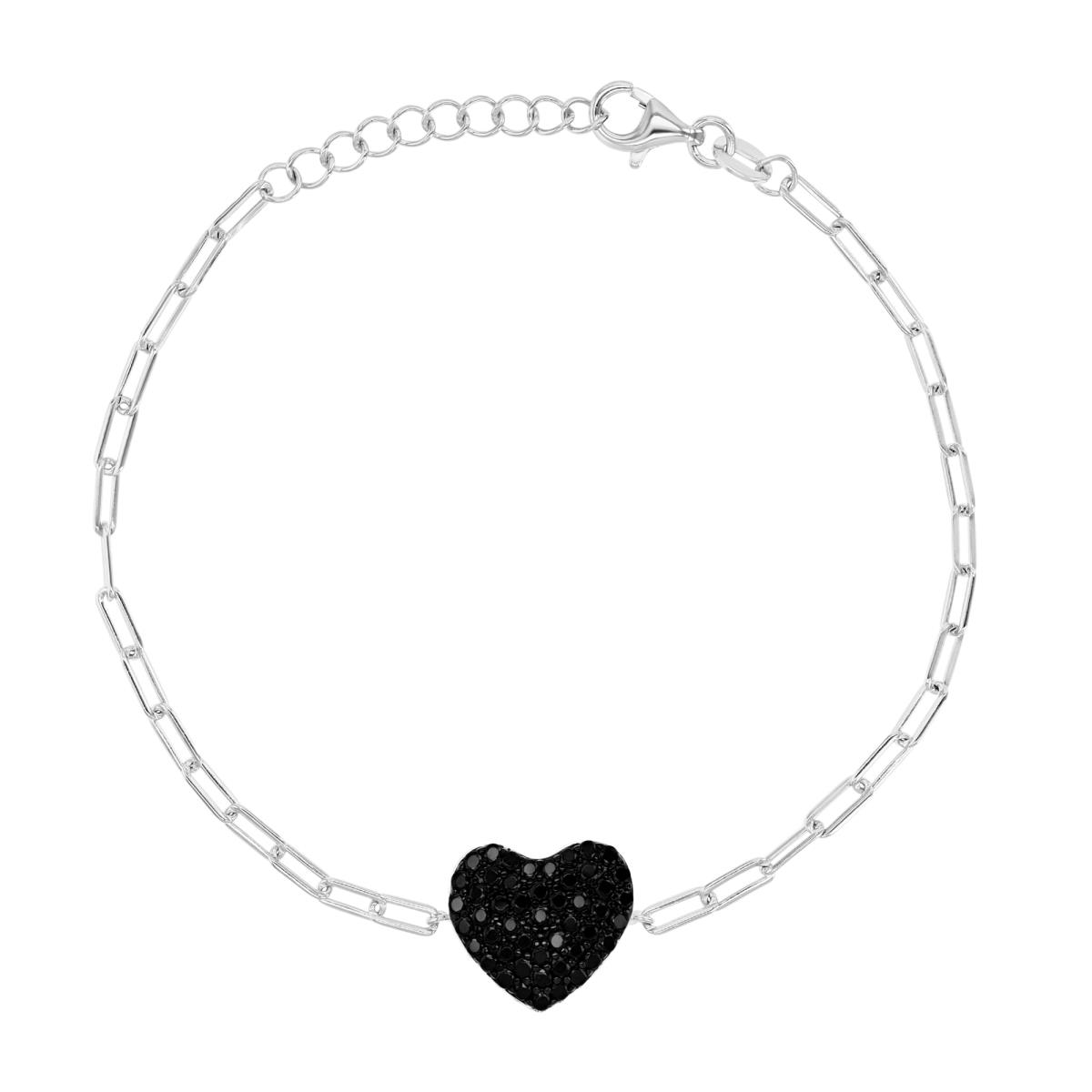 Sterling Silver Black & White 12MM Polished Black Spinel Paper Clip Pave Heart Link 7+1" Bracelet