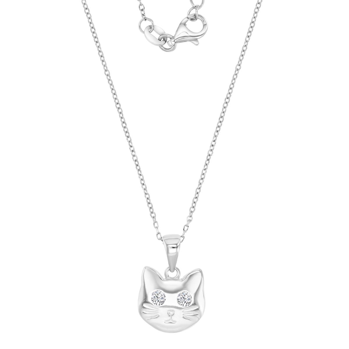 Sterling Silver Rhodium 17MM Polished White CZ Dangling Cat Face Rollo 13+2" Necklace