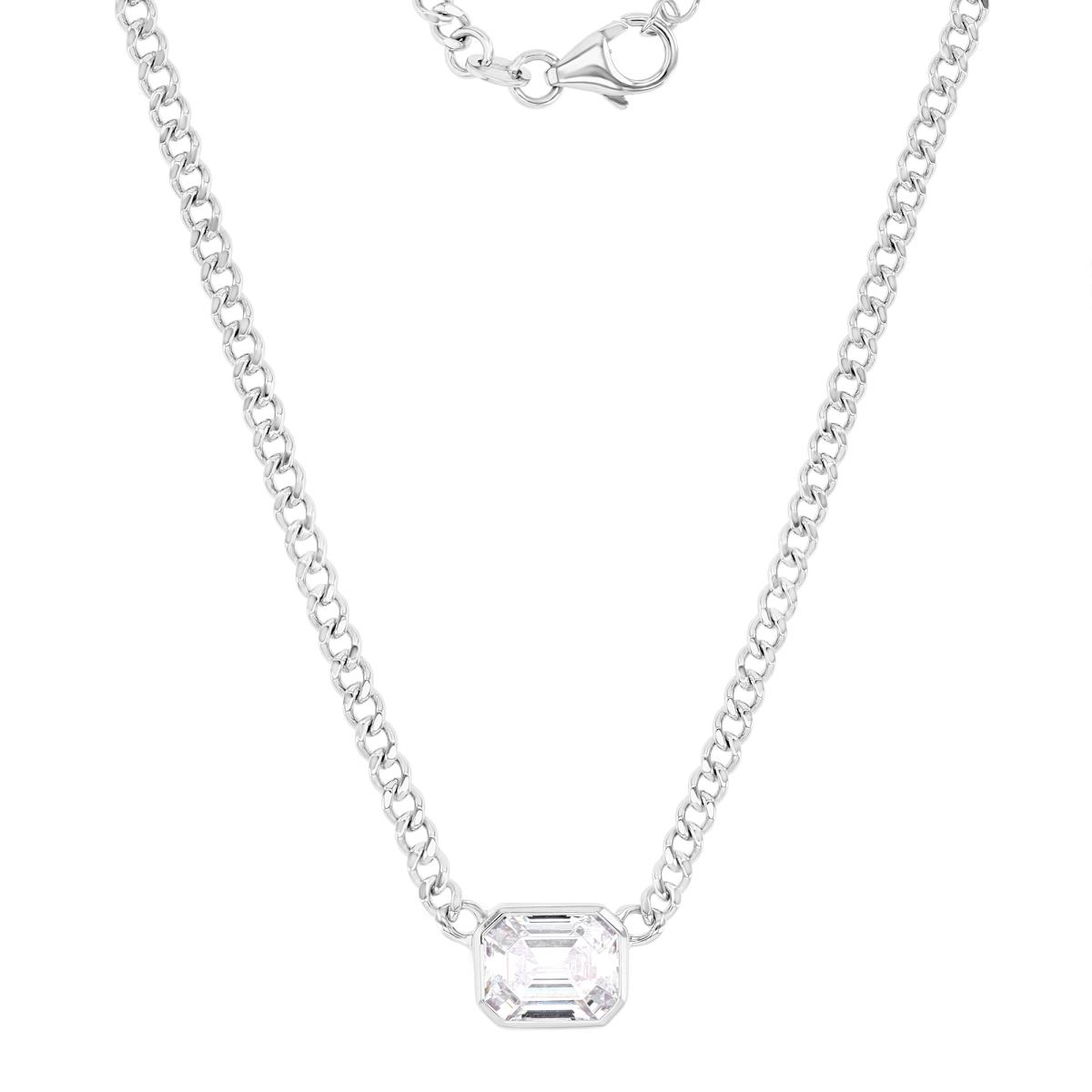 Sterling Silver Rhodium 11X9MM Polished White CZ Emerald Cut Curb Chain 18+2" Necklace
