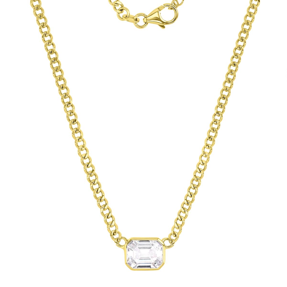 Sterling Silver Yellow 11X9MM Polished White CZ Emerald Cut Curb Chain 18+2" Necklace