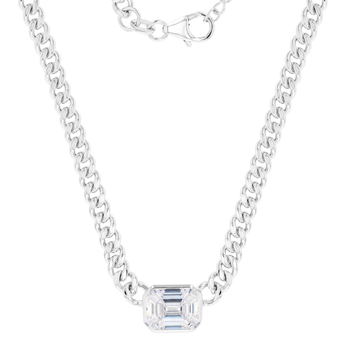 Brass Rhodium 11X9MM Polished White CZ Bezel Emerald Cut & Curb Chain 18+2" Necklace