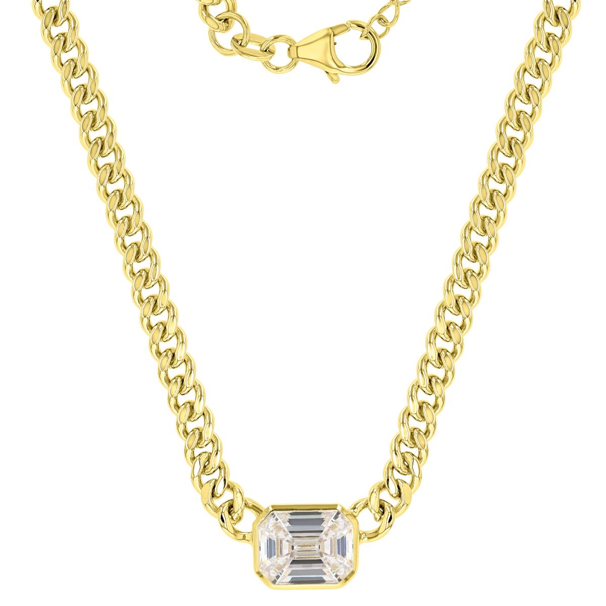 Sterling Silver Yellow 11X9MM Polished White CZ Bezel Emerald Cut & Curb Chain 18+2" Necklace