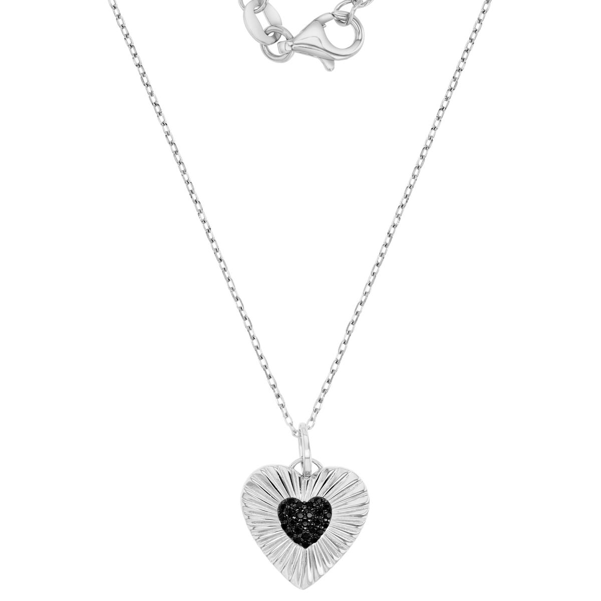 Sterling Silver Black & White 22MM Polished Black Spinel Pave Heart Rollo 16+2" Necklace