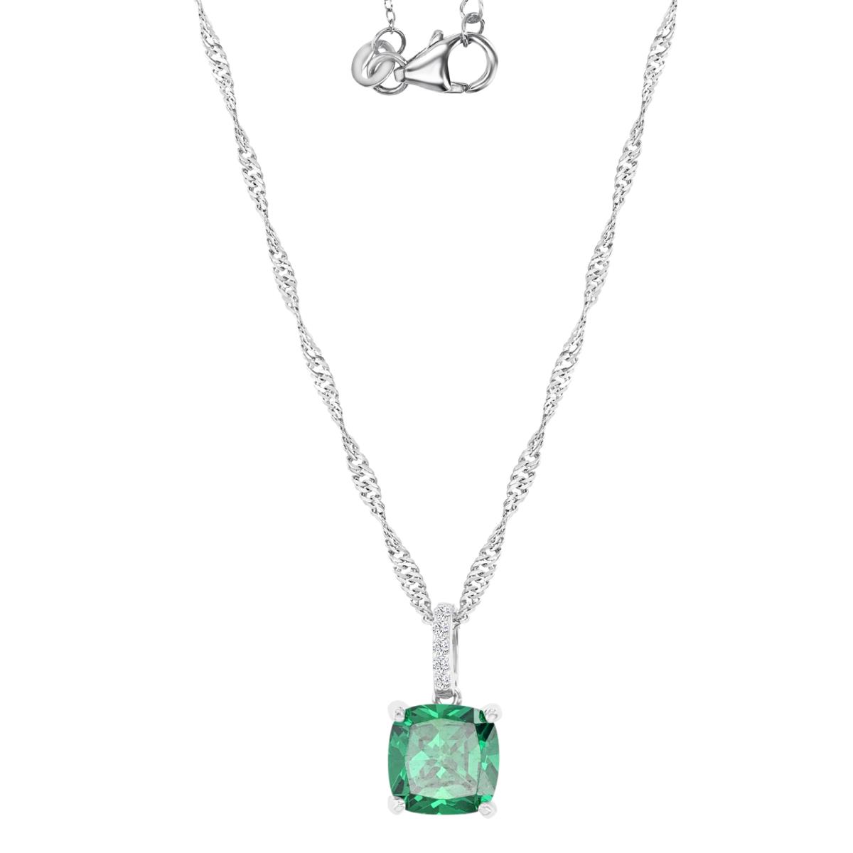 Sterling Silver Rhodium 8MM Polished Green & White CZ Solitaire Cushion Cut Singapore 18+2" Necklace