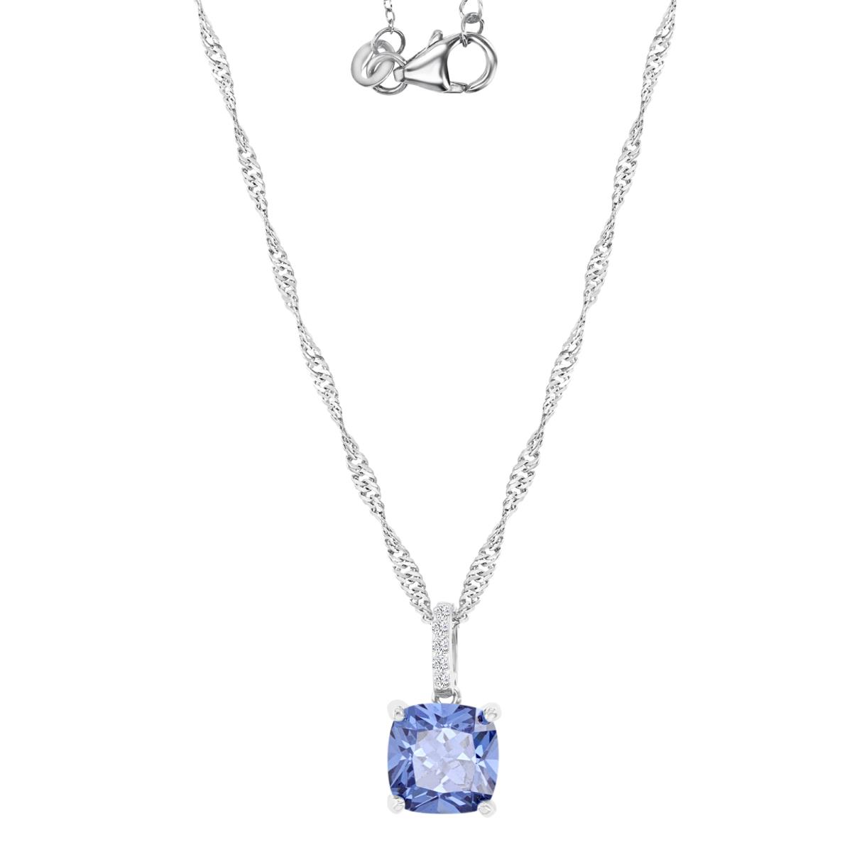Sterling Silver Rhodium 8MM Polished Tanzanite & White CZ Solitaire Cushion Cut Singapore 18+2" Necklace