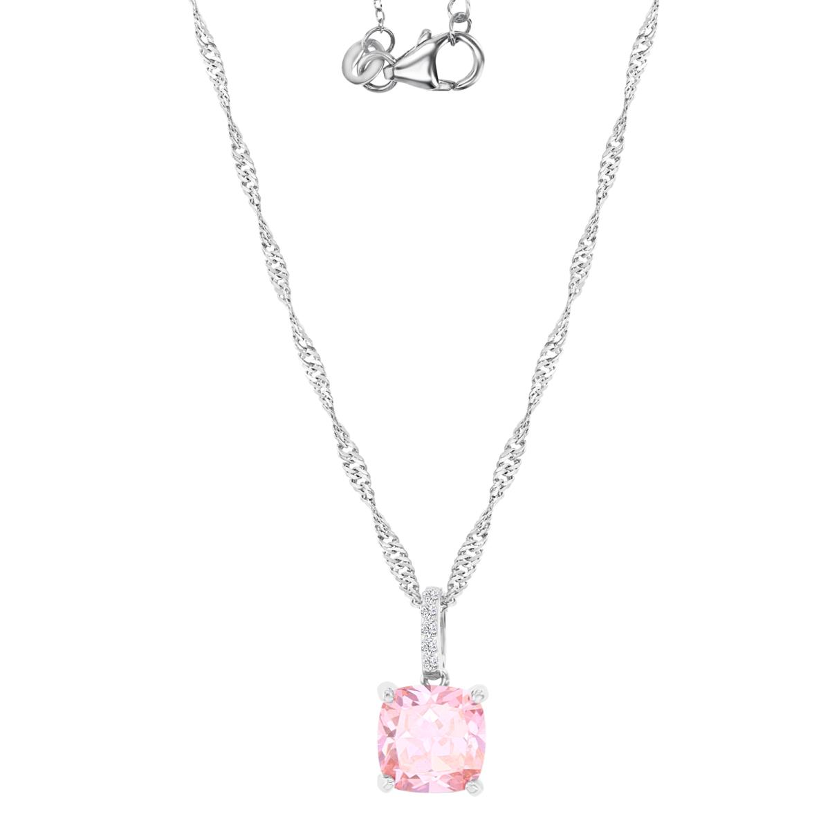 Sterling Silver Rhodium 8MM Polished Dark Pink & White CZ Solitaire Cushion Cut Singapore 18+2" Necklace