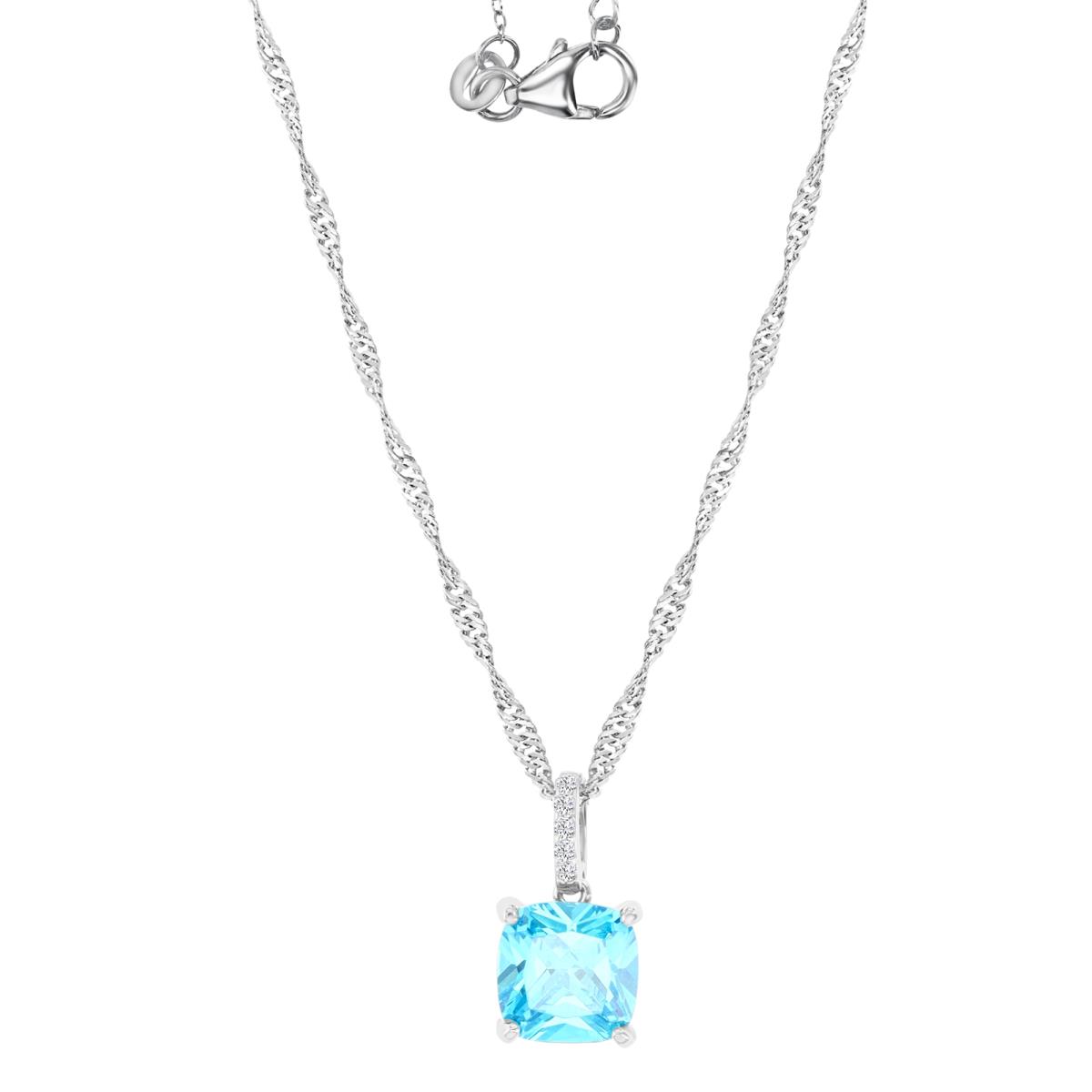 Sterling Silver Rhodium 8MM Polished Med Blue & White CZ Solitaire Cushion Cut Singapore 18+2" Necklace