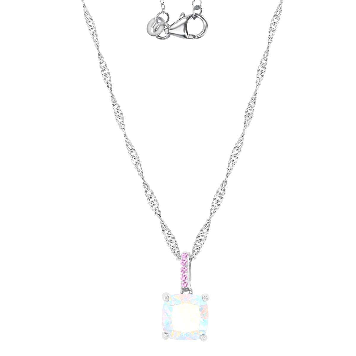Sterling Silver Rhodium 8MM Polished AB Stone & Cr Pink Sapphire Solitaire Cushion Cut Singapore 18+2" Necklace
