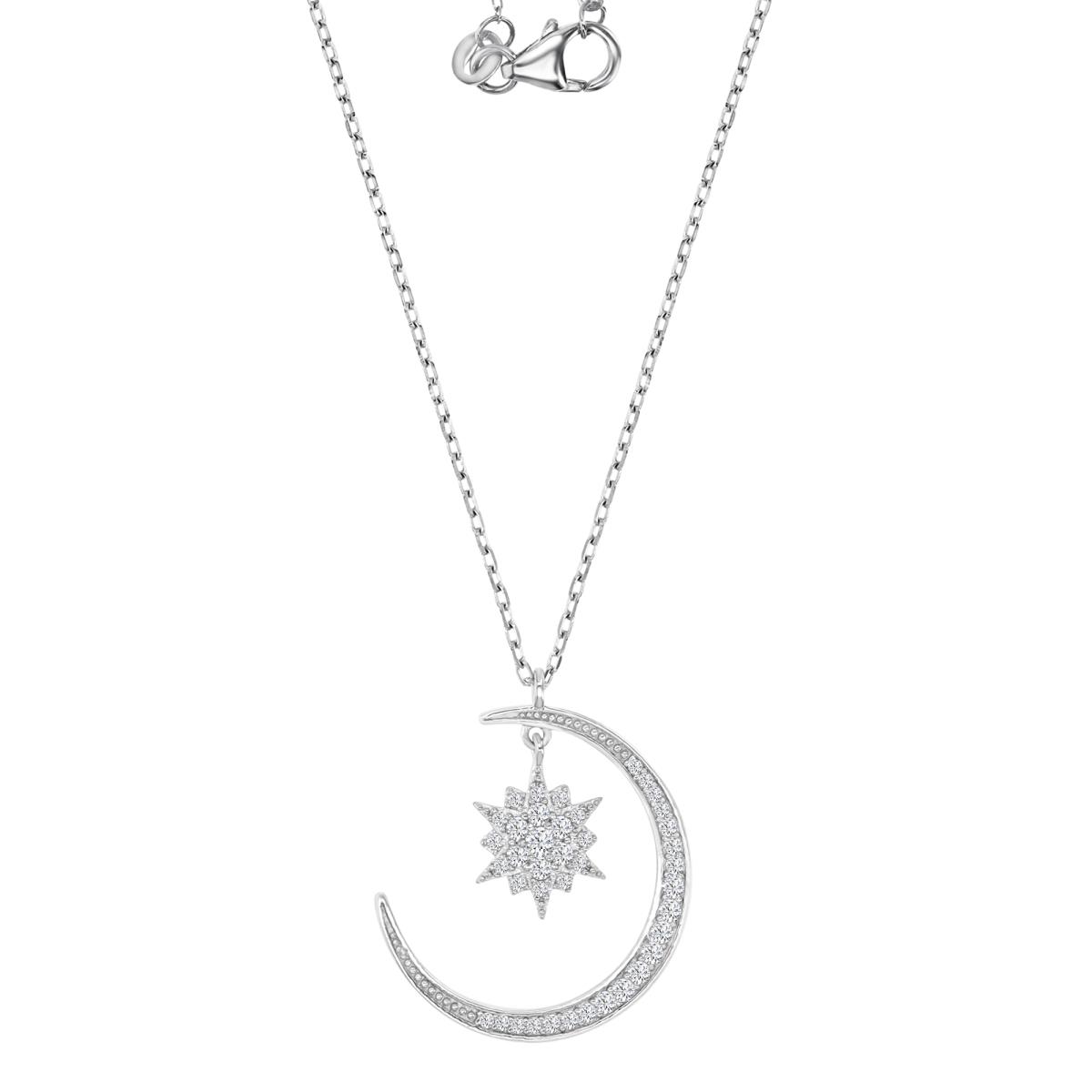 Sterling Silver Rhodium 25MM Polished White CZ Dangling Moon & Star 16+2" Necklace
