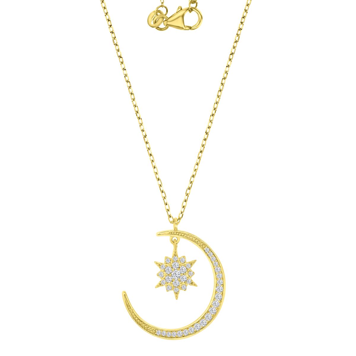 Sterling Silver Yellow 25MM Polished White CZ Dangling Moon & Star 16+2" Necklace
