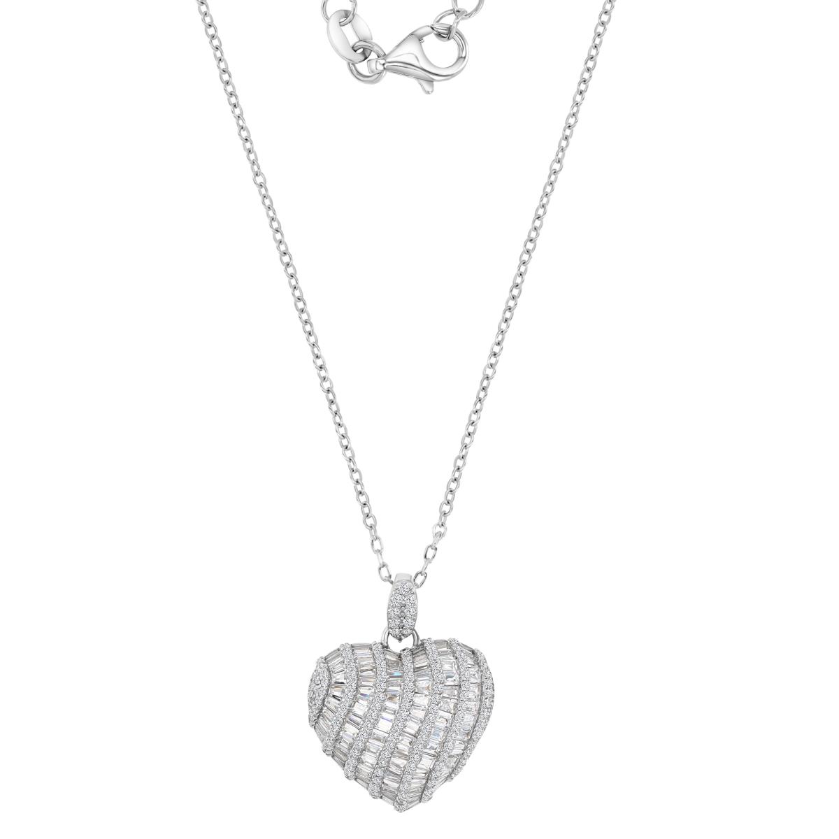 Sterling Silver Rhodium 26MM Polished White CZ Pave & Baguette Cut Heart 16+2" Necklace