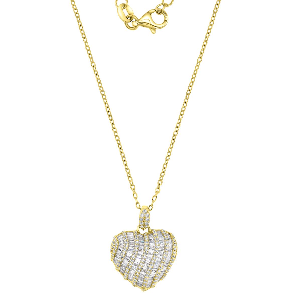 Sterling Silver Yellow 26MM Polished White CZ Pave & Baguette Cut Heart 16+2" Necklace
