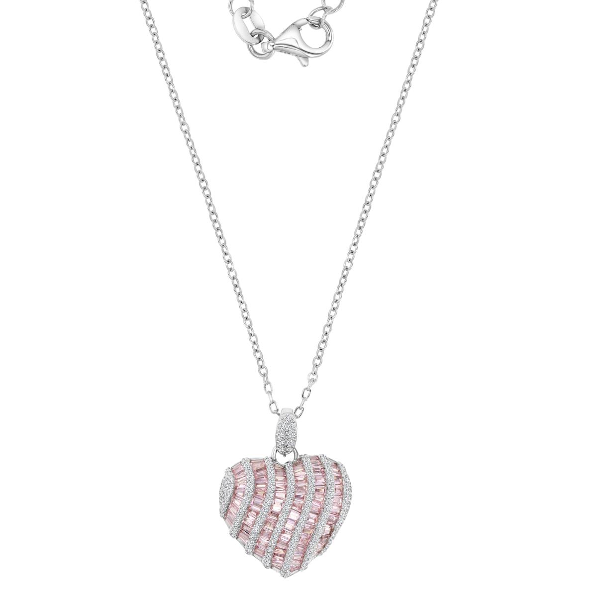 Sterling Silver Rhodium 26MM Polished Pink & White CZ Pave & Baguette Cut Heart 16+2" Necklace
