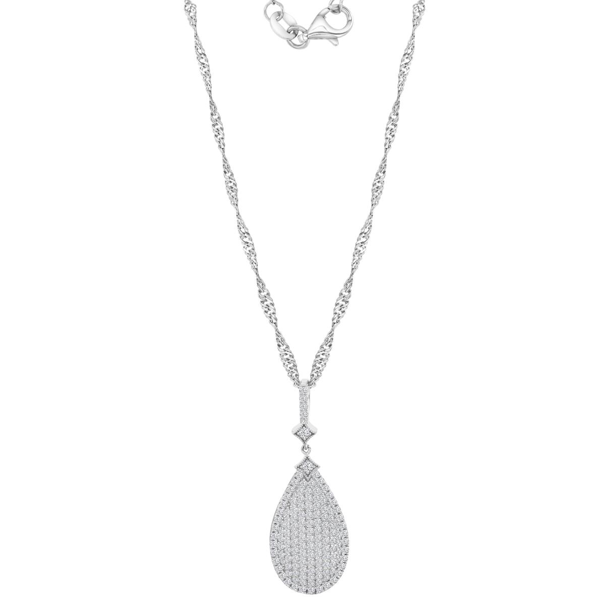 Sterling Silver Rhodium 37MM Polished White CZ Pave Teardrop Singapore 18+2" Necklace