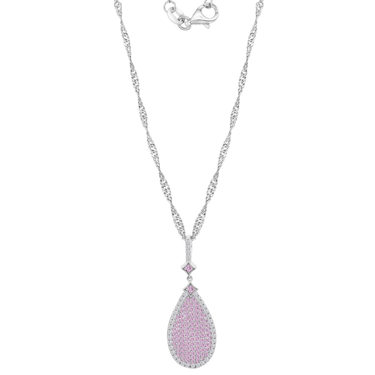 Sterling Silver Rhodium 37MM Polished Cr Pink & White Sapphire Pave Teardrop Singapore 13+2" Necklace