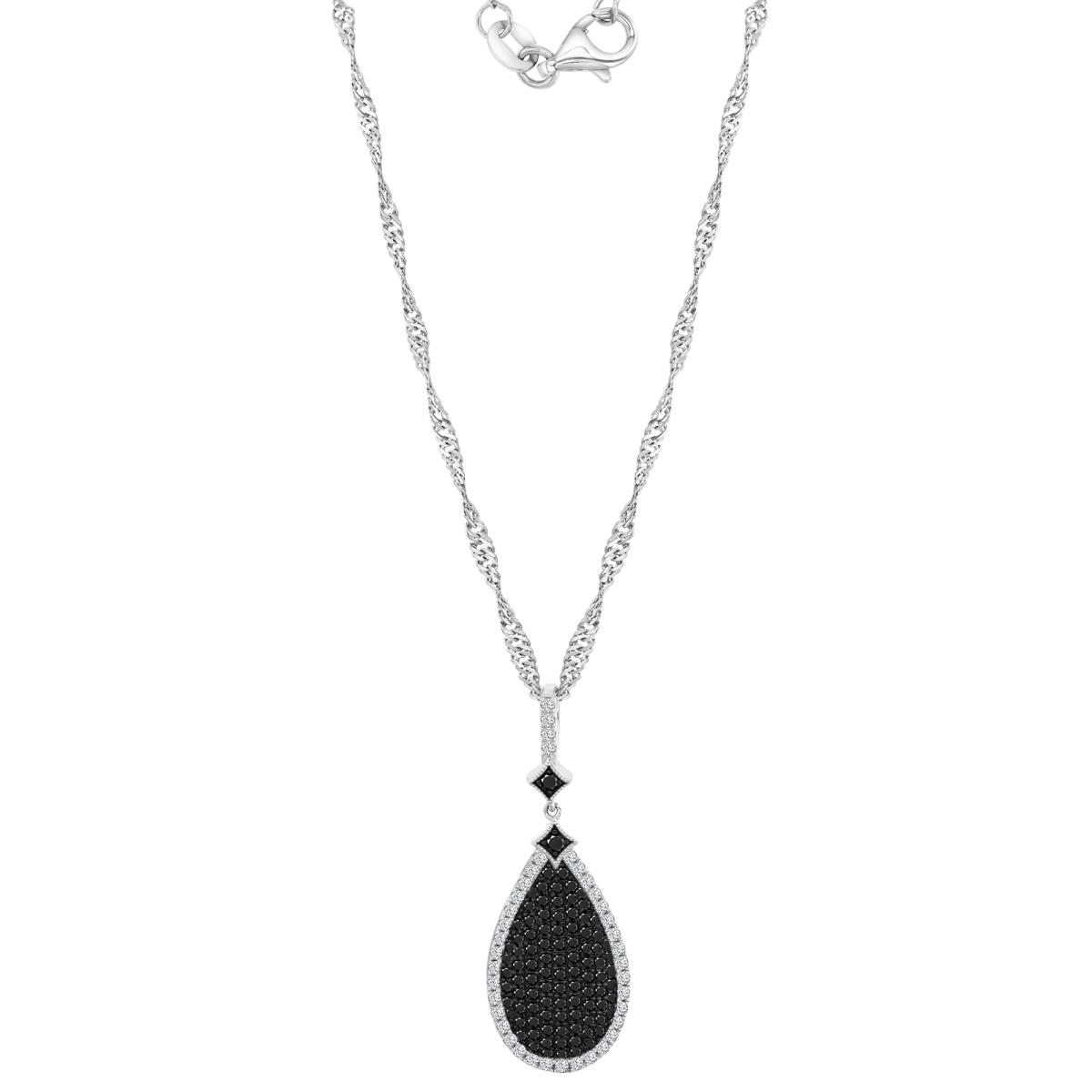 Sterling Silver Black & White 37MM Polished Black Spinel & White Sapphire Pave Teardrop Singapore 18+2" Necklace