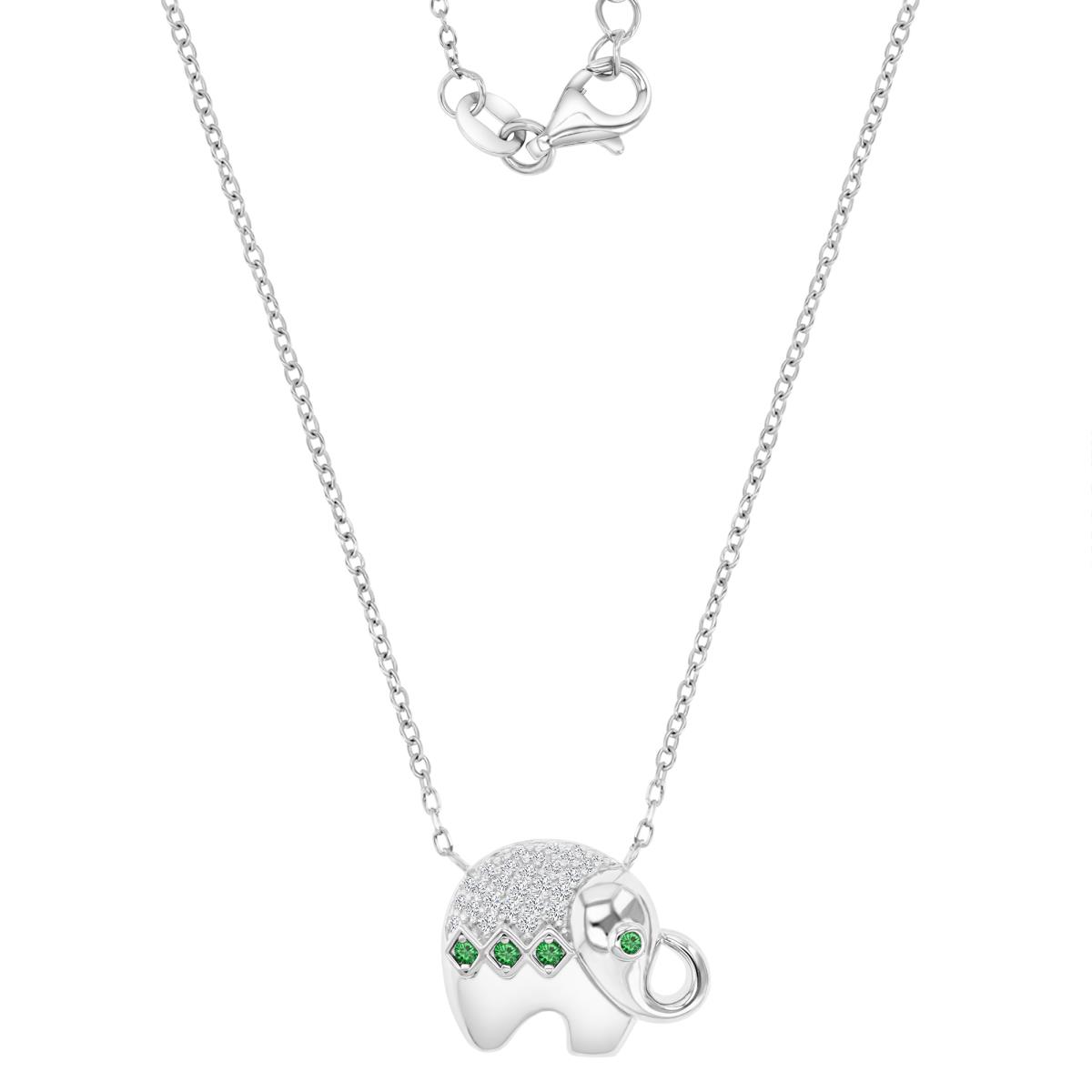 Sterling Silver Rhodium 14MM Polished Green Nano & White CZ Elephant Charm 16+2" Necklace