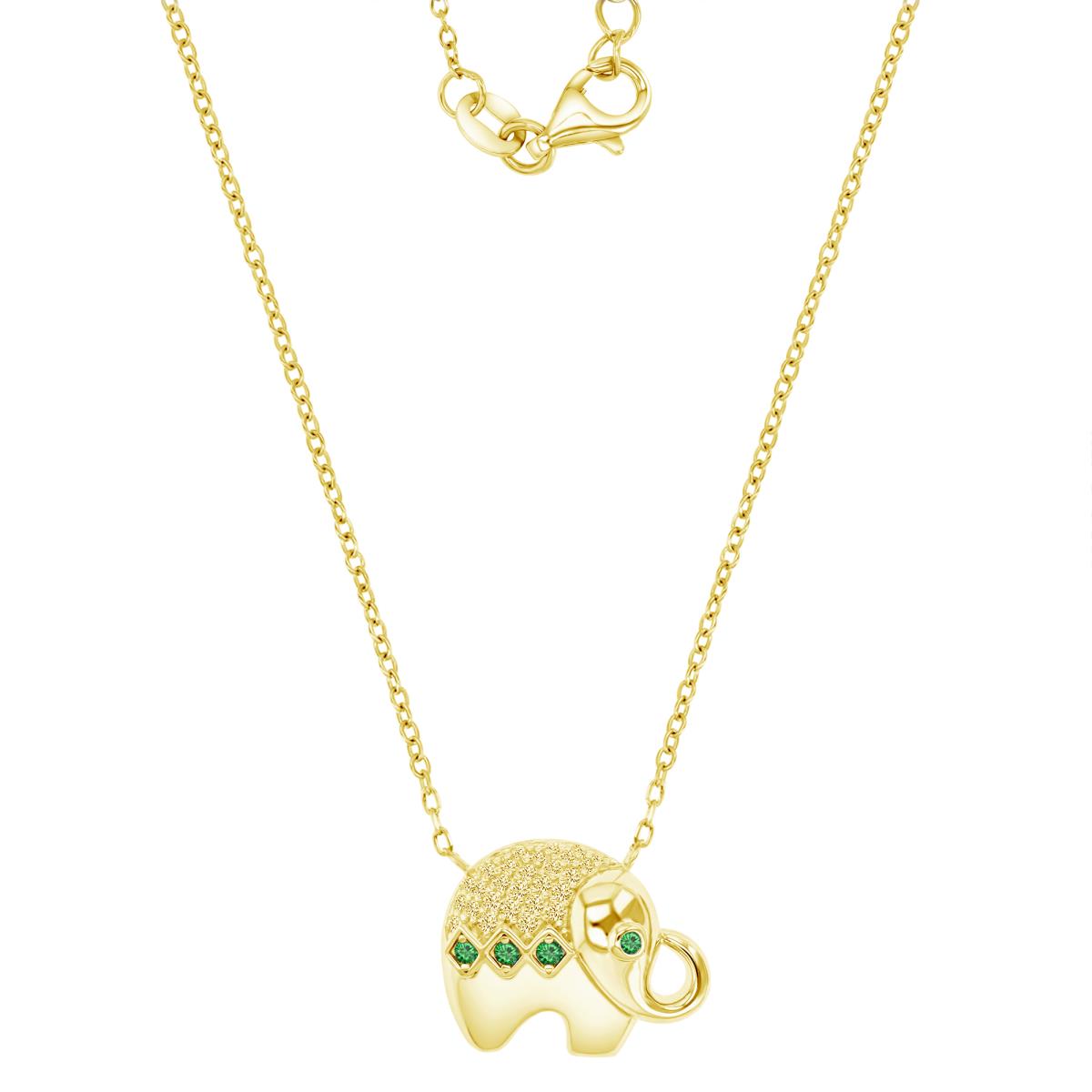 Sterling Silver Yellow 1M 14MM Polished Green Nano & White CZ Elephant Charm 16+2" Necklace