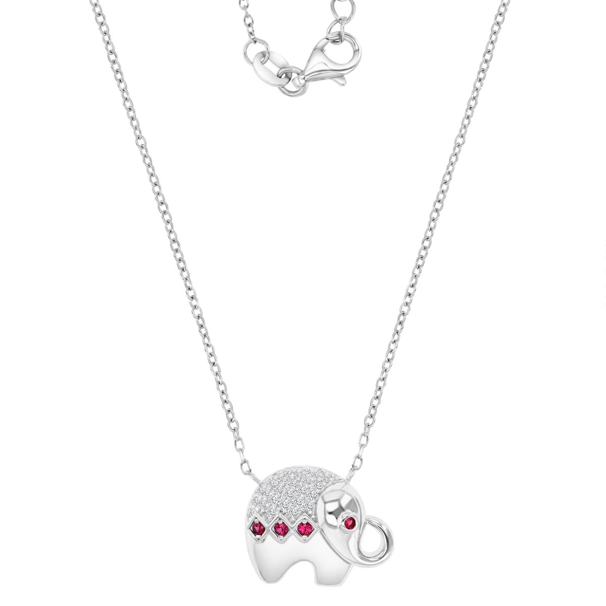 Sterling Silver Rhodium 14MM Polished Cr Ruby & White Sapphire Elephant Charm 16+2" Necklace