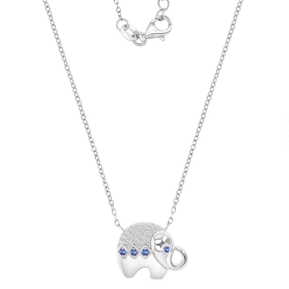 Sterling Silver Rhodium 14MM Polished CR Blue & White Sapphire Elephant Charm 16+2" Necklace