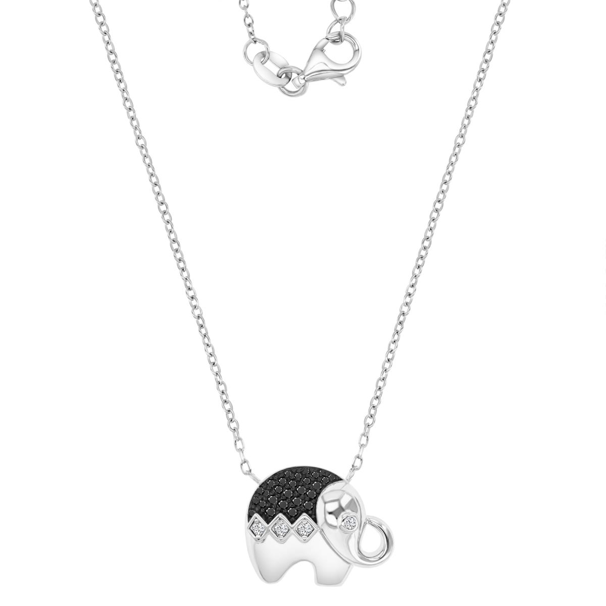 Sterling Silver Black & White 14MM Polished Black Spinel & White Sapphire Elephant Charm 16+2" Necklace