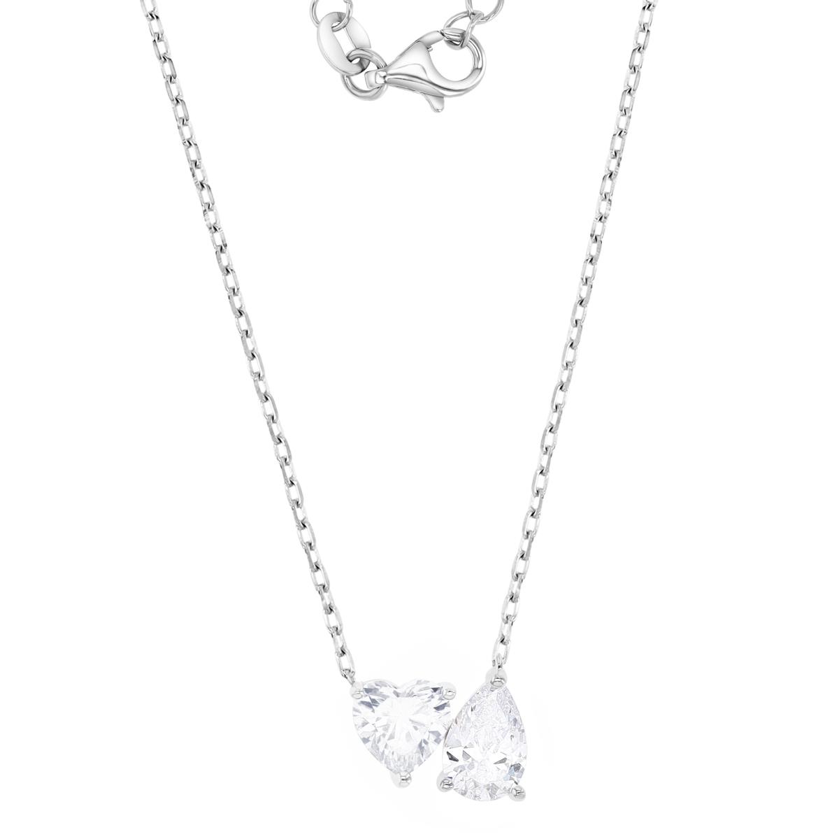 Sterling Silver Rhodium 9.5MM Polished White CZ Heart & Teardrop Cut Solitaire 18+2" Necklace